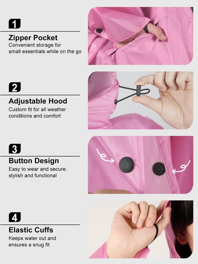 Alt view image 3 of 7 - Unisex Hooded Rain Poncho, Waterproof Raincoat Jacket with pocket for Adult, Rain Coat for Outdoor Activities (Pink)