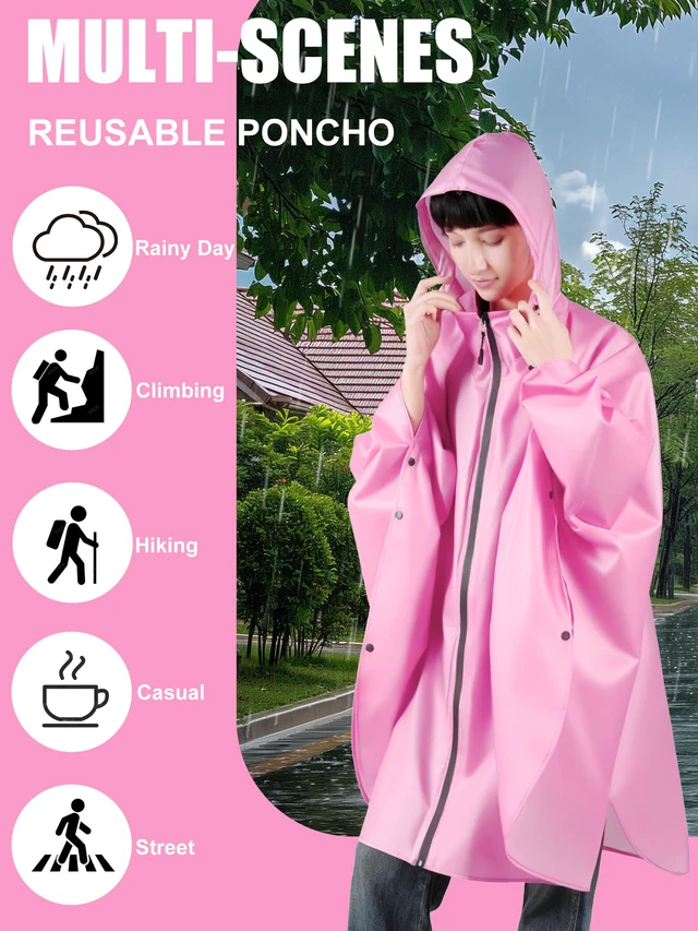 Alt view image 2 of 7 - Unisex Hooded Rain Poncho, Waterproof Raincoat Jacket with pocket for Adult, Rain Coat for Outdoor Activities (Pink)