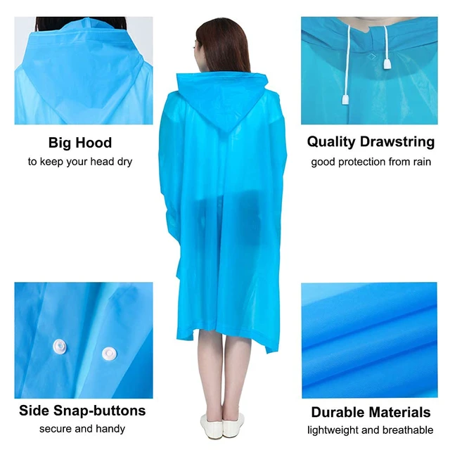 Alt view image 5 of 6 - Rain Ponchos for Adults Reusable, 2 Pack Raincoat for Women Men, Waterproof Rain Coat Gear with Hood Drawstring (US, Alpha, One Size, Regular, Regular, Blue+Yellow)