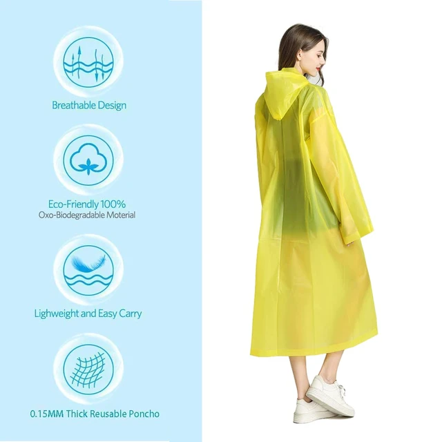 Alt view image 6 of 6 - Rain Ponchos for Adults Reusable, 2 Pack Raincoat for Women Men, Waterproof Rain Coat Gear with Hood Drawstring (US, Alpha, One Size, Regular, Regular, Blue+Yellow)