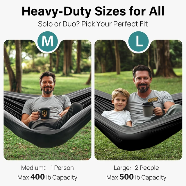 Alt view image 2 of 7 - Camping Hammock 500lbs Capacity Outdoor Camping Essentials, Double | Outside&Indoors, TreeSafe Straps, Included Carry Bag, 215T Parachute Nylon, HeavyDuty Carabiners, Lightweight & Quick Setup