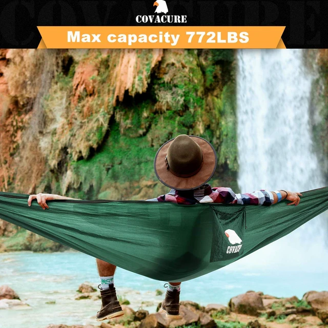 Alt view image 2 of 7 - Camping Hammock, 772 lbs Capacity Double Hammock - Dark Green | Lightweight Hammocks with Tree Straps & Carry Bag, Durable Parachute Nylon, Portable for Hiking, Backyard, Travel, Beach