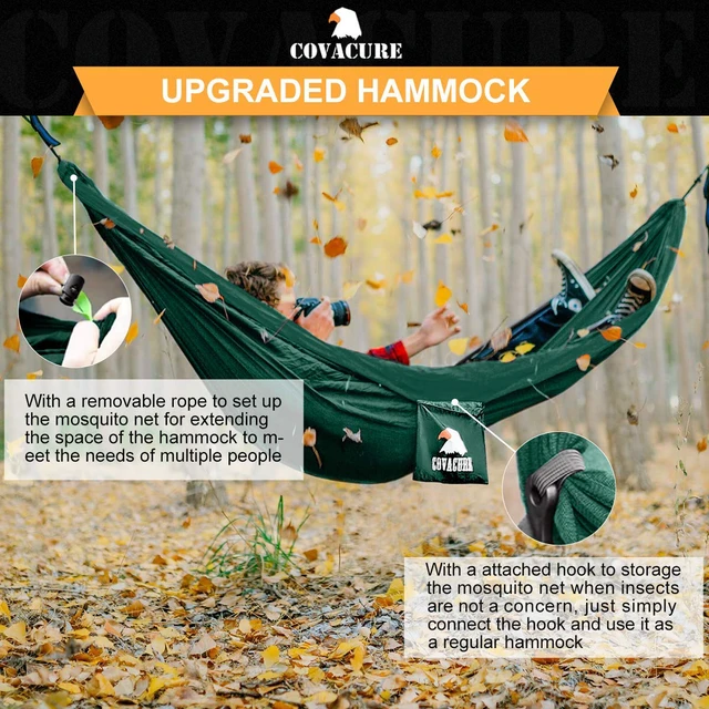 Alt view image 4 of 7 - Camping Hammock, 772 lbs Capacity Double Hammock - Dark Green | Lightweight Hammocks with Tree Straps & Carry Bag, Durable Parachute Nylon, Portable for Hiking, Backyard, Travel, Beach