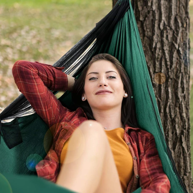 Alt view image 5 of 7 - Camping Hammock, 772 lbs Capacity Double Hammock - Dark Green | Lightweight Hammocks with Tree Straps & Carry Bag, Durable Parachute Nylon, Portable for Hiking, Backyard, Travel, Beach