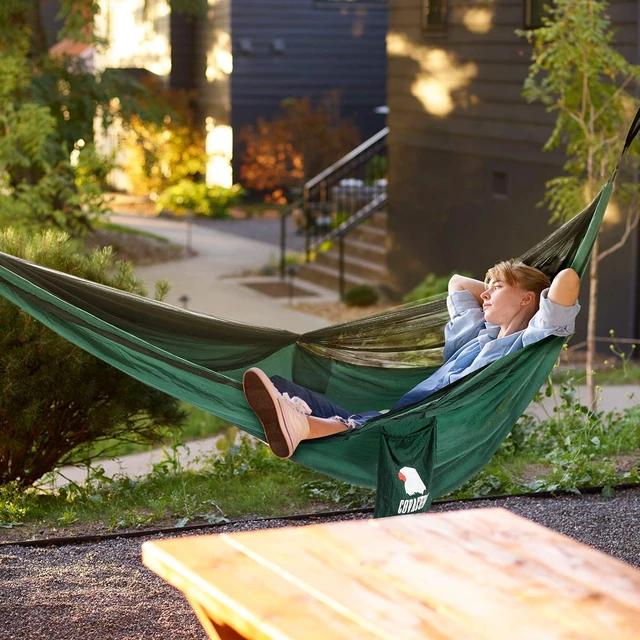 Alt view image 6 of 7 - Camping Hammock, 772 lbs Capacity Double Hammock - Dark Green | Lightweight Hammocks with Tree Straps & Carry Bag, Durable Parachute Nylon, Portable for Hiking, Backyard, Travel, Beach