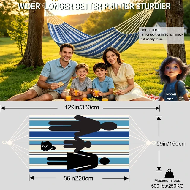 Alt view image 3 of 7 - Hammock Double 2 Person Extra Large Fabric Size 220 x 150cm | Poly-Cotton Hammocks 500 Lbs Maximum Weight Capacity for Patio, Porch, Garden & Backyard Lounging, Indoor & Outdoor Use XXL