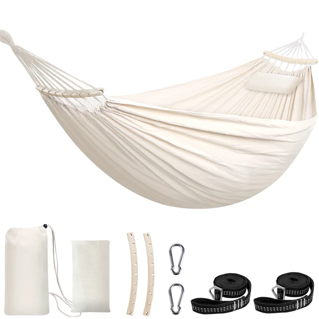 Main image of Cotton Hammock 8.9x4.9ft Holds Up to 660lbs Prevents Side-Tipping | Soft Fabric Tree Hammock Camping with Bag Detachable Spreader Bar Pillow 2 Strong Webbings 2 Carabiners Indoor Outdoor Garden