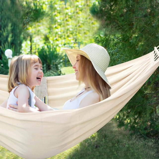Alt view image 2 of 7 - Cotton Hammock 8.9x4.9ft Holds Up to 660lbs Prevents Side-Tipping | Soft Fabric Tree Hammock Camping with Bag Detachable Spreader Bar Pillow 2 Strong Webbings 2 Carabiners Indoor Outdoor Garden