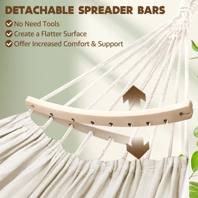 Alt view image 3 of 7 - Cotton Hammock 8.9x4.9ft Holds Up to 660lbs Prevents Side-Tipping | Soft Fabric Tree Hammock Camping with Bag Detachable Spreader Bar Pillow 2 Strong Webbings 2 Carabiners Indoor Outdoor Garden