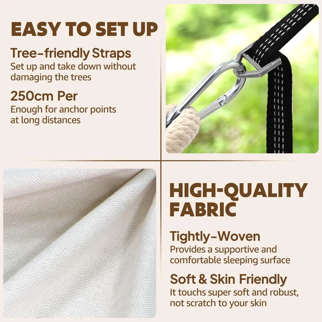 Alt view image 6 of 7 - Cotton Hammock 8.9x4.9ft Holds Up to 660lbs Prevents Side-Tipping | Soft Fabric Tree Hammock Camping with Bag Detachable Spreader Bar Pillow 2 Strong Webbings 2 Carabiners Indoor Outdoor Garden