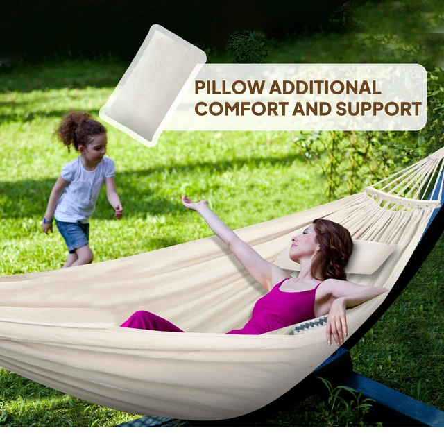 Alt view image 7 of 7 - Cotton Hammock 8.9x4.9ft Holds Up to 660lbs Prevents Side-Tipping | Soft Fabric Tree Hammock Camping with Bag Detachable Spreader Bar Pillow 2 Strong Webbings 2 Carabiners Indoor Outdoor Garden