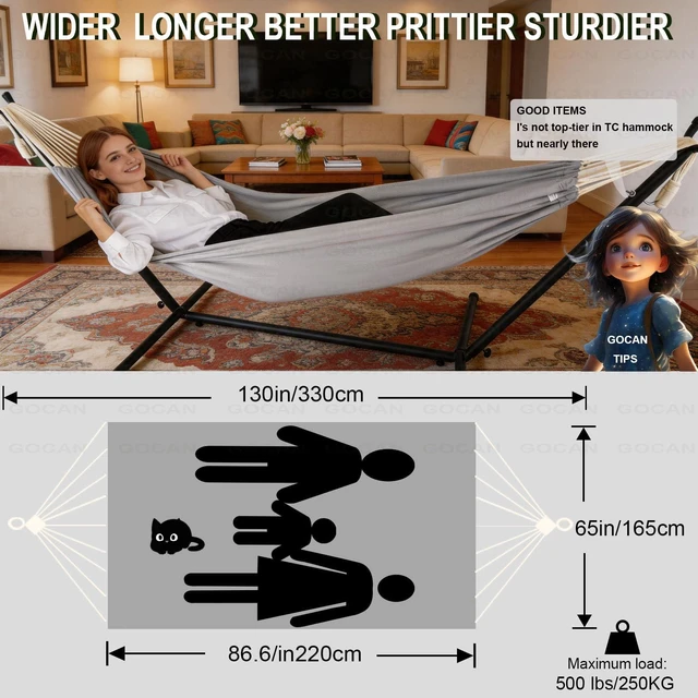 Alt view image 4 of 7 - Hammocks Double 2 Person Extra Large Fabric Size 220 x 150cm | Poly-Cotton Hammock 500 Lbs Maximum Weight Capacity for Patio, Porch, Garden & Backyard Lounging, Indoor & Outdoor Use