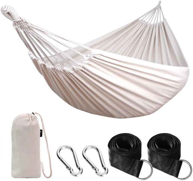 Main image of Cotton Camping Hammock Portable with Tree Straps Holds 660lbs | Breathable Weave,Hanging Sturdy Hammocks with Carry Bag, Easy Storage,Outdoor/Indoor Garden Patio Backyard