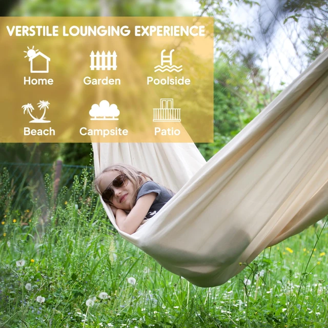 Alt view image 4 of 7 - Cotton Camping Hammock Portable with Tree Straps Holds 660lbs | Breathable Weave,Hanging Sturdy Hammocks with Carry Bag, Easy Storage,Outdoor/Indoor Garden Patio Backyard