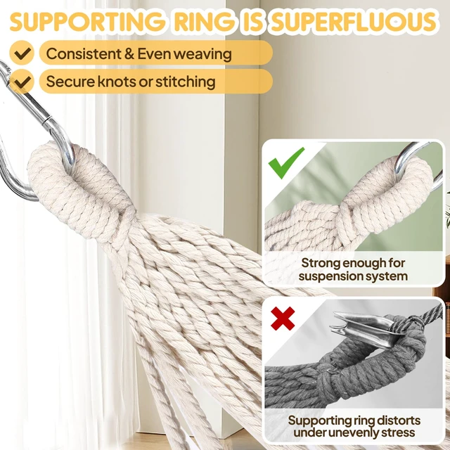 Alt view image 6 of 7 - Cotton Camping Hammock Portable with Tree Straps Holds 660lbs | Breathable Weave,Hanging Sturdy Hammocks with Carry Bag, Easy Storage,Outdoor/Indoor Garden Patio Backyard