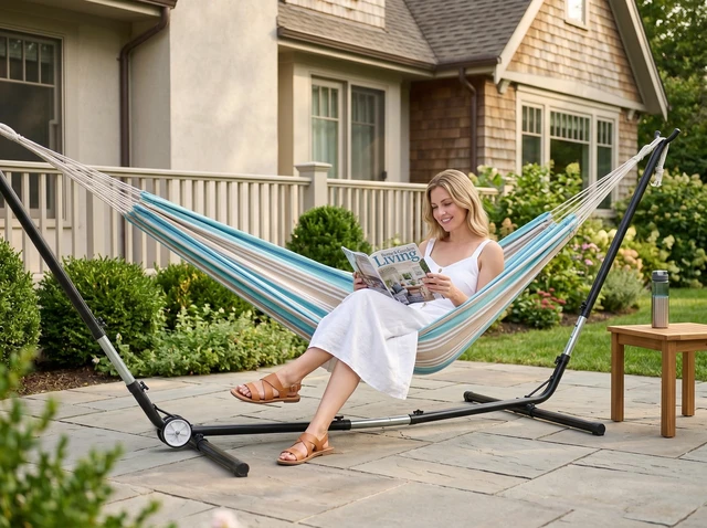 Alt view image 2 of 7 - Brazilian Hammock with Tree Straps, Carry Bag, Blue | Cotton Material,Portable, Ideal for Backyard, Porch, Outdoor and Indoor Use, Easy Storage