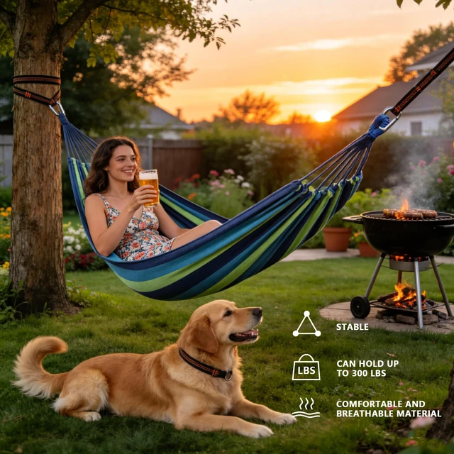 Alt view image 2 of 7 - Outdoor Amacas Garden Camping Hammock Portable for Patio Yard Porch Travel | Hammock Nylon Hiking Beach Backpack Survival Travel- Up to 300lbs with Tree Straps