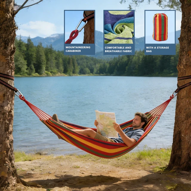 Alt view image 7 of 7 - Outdoor Amacas Garden Camping Hammock Portable for Patio Yard Porch Travel | Hammock Nylon Hiking Beach Backpack Survival Travel- Up to 300lbs with Tree Straps