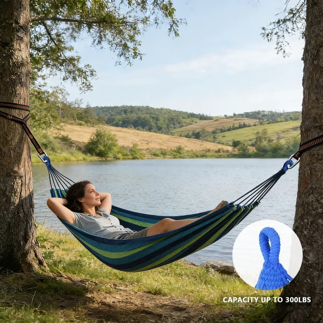 Alt view image 3 of 7 - Outdoor Amacas Garden Camping Hammock Portable for Patio Yard Porch Travel | Hammock Nylon Hiking Beach Backpack Survival Travel- Up to 300lbs with Tree Straps