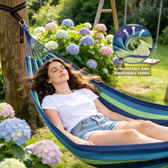 Alt view image 4 of 7 - Outdoor Amacas Garden Camping Hammock Portable for Patio Yard Porch Travel | Hammock Nylon Hiking Beach Backpack Survival Travel- Up to 300lbs with Tree Straps