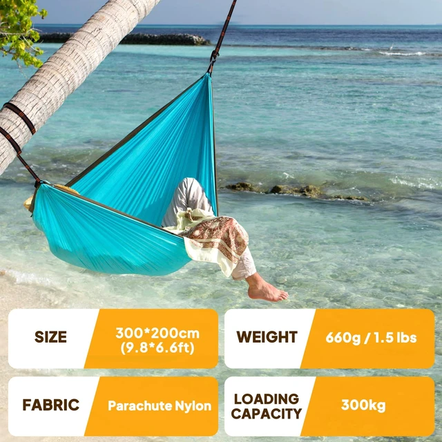 Alt view image 2 of 6 - Ultra-Light Travel Camping Hammock | 300kg Load Capacity,(300x200cm) Breathable,Quick-Drying Parachute Nylon | 2 x Premium Carabiners,2 x Nylon Slings Included | for Outdoor Indoor Garden