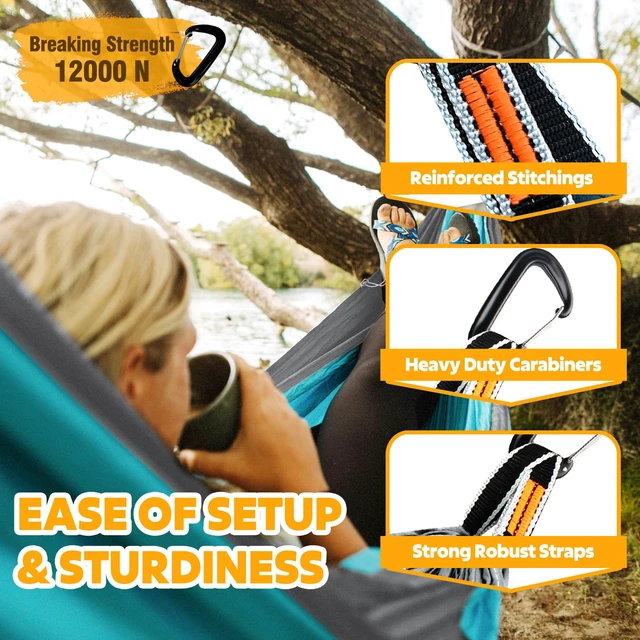 Alt view image 5 of 6 - Ultra-Light Travel Camping Hammock | 300kg Load Capacity,(300x200cm) Breathable,Quick-Drying Parachute Nylon | 2 x Premium Carabiners,2 x Nylon Slings Included | for Outdoor Indoor Garden