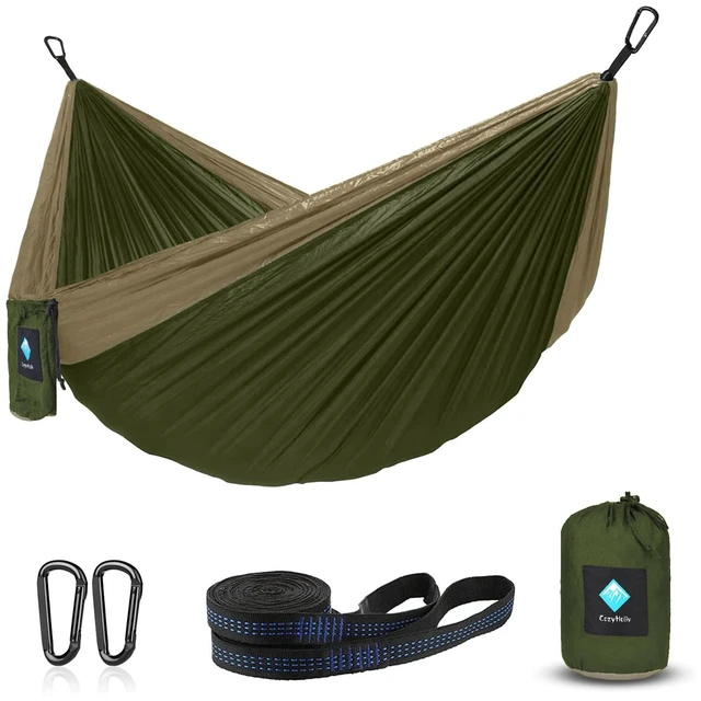 Main image of Hammock Camping, Portable Single/Double Hammocks for Outdoor Hiking Travel Backpacking - 210D Nylon Hammock Swing for Backyard & Garden (Green/Khaki)