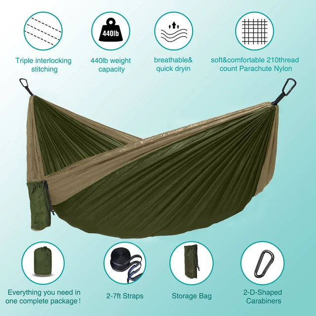 Alt view image 3 of 7 - Hammock Camping, Portable Single/Double Hammocks for Outdoor Hiking Travel Backpacking - 210D Nylon Hammock Swing for Backyard & Garden (Green/Khaki)