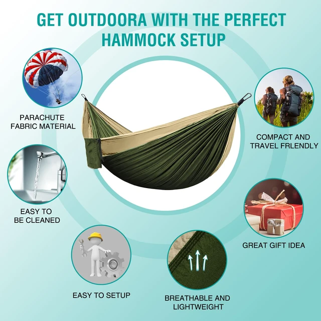 Alt view image 4 of 7 - Hammock Camping, Portable Single/Double Hammocks for Outdoor Hiking Travel Backpacking - 210D Nylon Hammock Swing for Backyard & Garden (Green/Khaki)