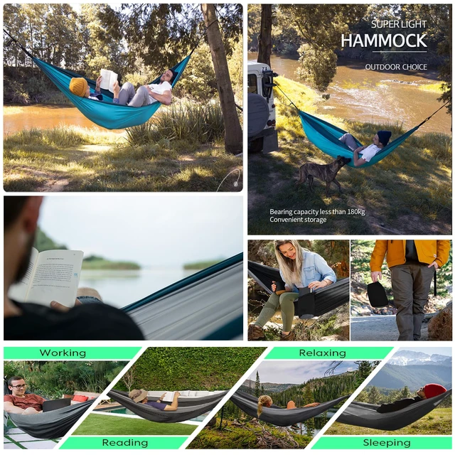 Alt view image 5 of 7 - Hammock Camping, Portable Single/Double Hammocks for Outdoor Hiking Travel Backpacking - 210D Nylon Hammock Swing for Backyard & Garden (Green/Khaki)