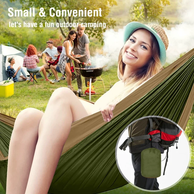 Alt view image 6 of 7 - Hammock Camping, Portable Single/Double Hammocks for Outdoor Hiking Travel Backpacking - 210D Nylon Hammock Swing for Backyard & Garden (Green/Khaki)