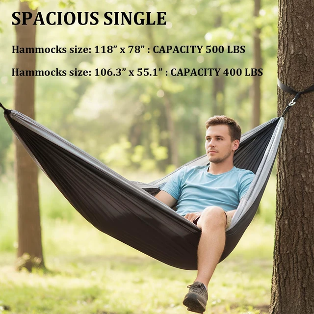 Alt view image 2 of 5 - Camping Hammock with Tree Straps Portable Nylon Gray 118"x78" | 600lb Heavy Duty Parachute Nylon Camping Hammock,Tree Straps,Portable,118x78in Extra Large,Outdoor Hiking Beach Backpack Gear
