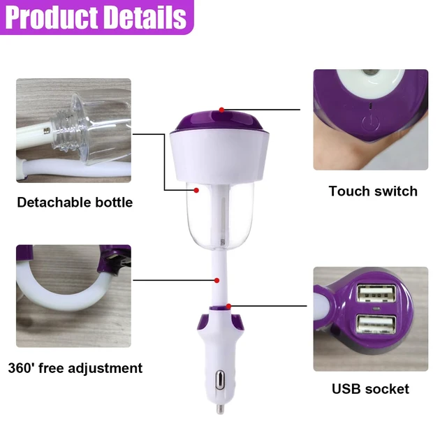 Alt view image 3 of 5 - Car Humidifier, Portable Mini Aromatherapy Essential Oil Diffuser, 360-Degree Rotation Cool Mist Humidifier, Vehicle Air Freshener Diffuser with 12V Charging Port for Home Office (Purple)