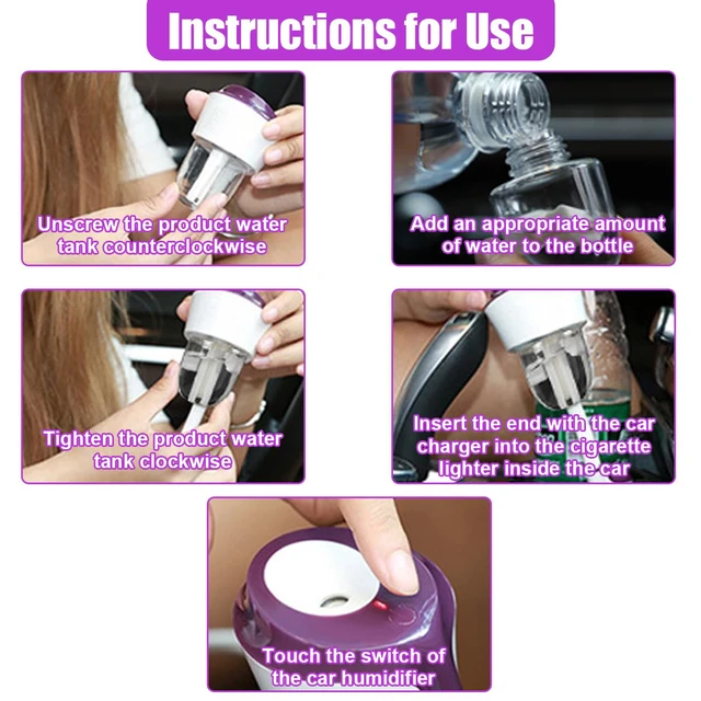 Alt view image 4 of 5 - Car Humidifier, Portable Mini Aromatherapy Essential Oil Diffuser, 360-Degree Rotation Cool Mist Humidifier, Vehicle Air Freshener Diffuser with 12V Charging Port for Home Office (Purple)