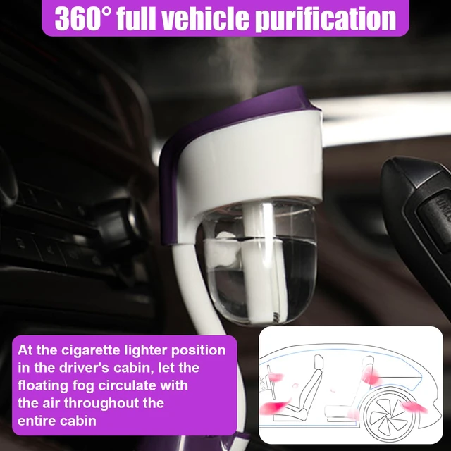 Alt view image 5 of 5 - Car Humidifier, Portable Mini Aromatherapy Essential Oil Diffuser, 360-Degree Rotation Cool Mist Humidifier, Vehicle Air Freshener Diffuser with 12V Charging Port for Home Office (Purple)