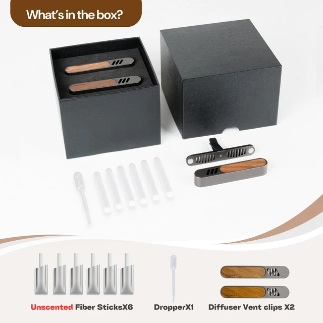 Alt view image 6 of 7 - 2 Packs Car Air Freshener Diffuser, Essential Oil Diffusers Vent Clip, Perfume Diffuser with 6 Refill Unscent Fiber Sticks, Premium Car Accessories, Metal & Wood design, Custom Scent, Gift For Men