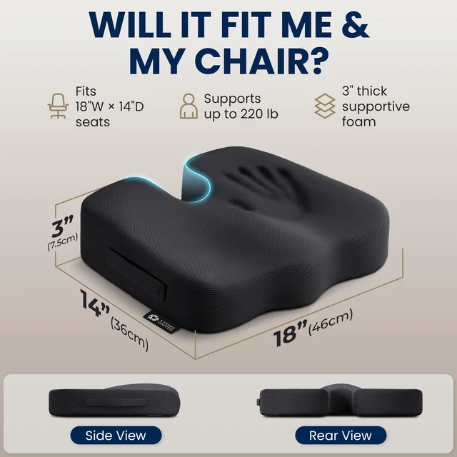 Alt view image 5 of 7 - Seat Cushion - Memory Foam Chair Cushion for Tailbone Pain Relief - Ergonomic Support for Coccyx, Sciatica & Butt - Office, Desk & Gaming Chair, Car Seat, Wheelchair, Airplane, Black