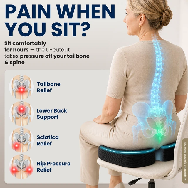 Alt view image 2 of 7 - Seat Cushion - Memory Foam Chair Cushion for Tailbone Pain Relief - Ergonomic Support for Coccyx, Sciatica & Butt - Office, Desk & Gaming Chair, Car Seat, Wheelchair, Airplane, Black