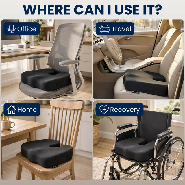 Alt view image 3 of 7 - Seat Cushion - Memory Foam Chair Cushion for Tailbone Pain Relief - Ergonomic Support for Coccyx, Sciatica & Butt - Office, Desk & Gaming Chair, Car Seat, Wheelchair, Airplane, Black