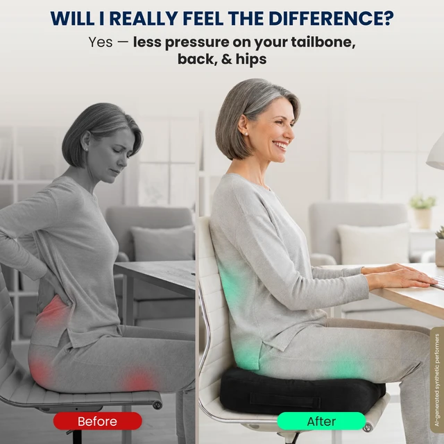 Alt view image 7 of 7 - Seat Cushion - Memory Foam Chair Cushion for Tailbone Pain Relief - Ergonomic Support for Coccyx, Sciatica & Butt - Office, Desk & Gaming Chair, Car Seat, Wheelchair, Airplane, Black