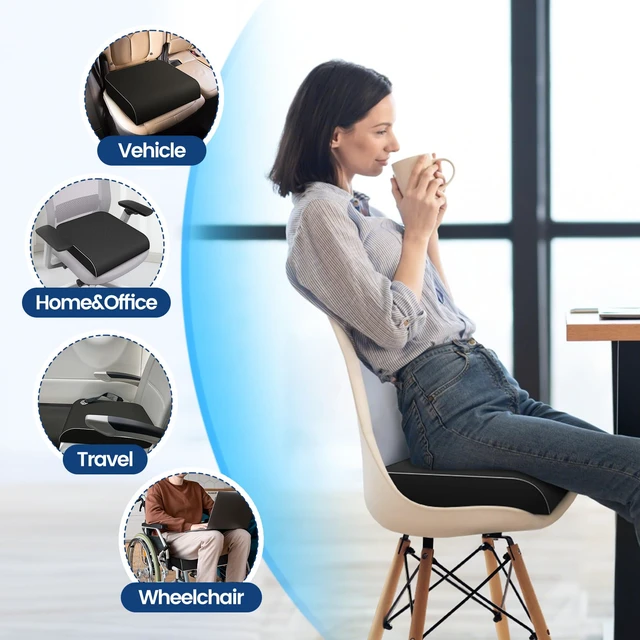 Alt view image 4 of 7 - Memory Foam Seat Cushion, Office Chair Cushion, 3-Inch, Large | Black Chair Pad for Tailbone Pain Relief; Removable, Washable Cover and Non-Slip Base for Desk Chairs, Car Seats and Travel