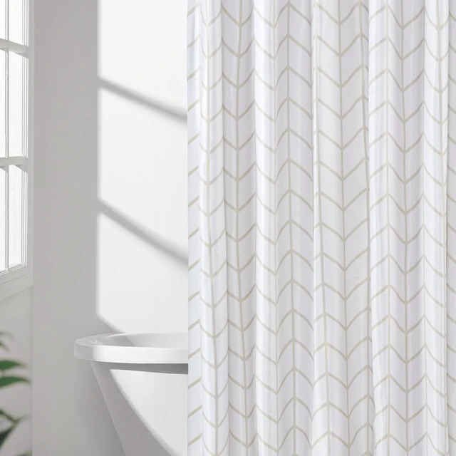 Alt view image 2 of 7 - Bathroom Shower Curtain, Water Resistant Fabric with Weighted Hem, Rust Resistant Grommets & Hooks, Machine Washable, 72"x72", Natural Herringbone
