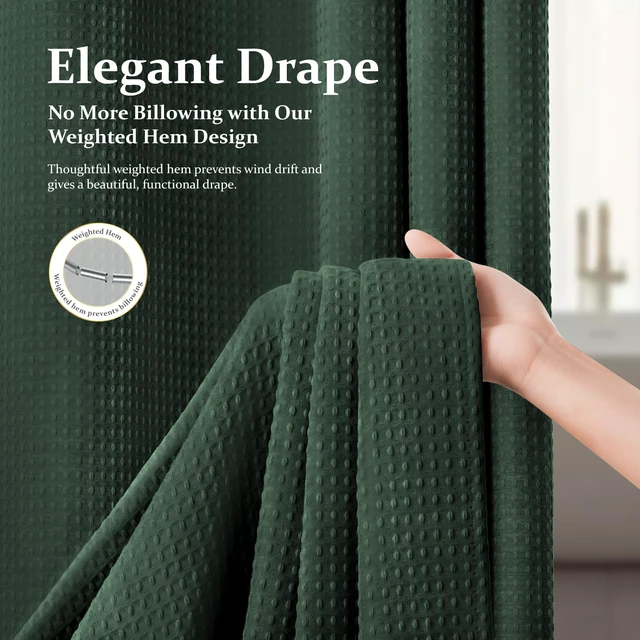 Alt view image 5 of 7 - Waffle Shower Curtain 256 GSM Heavy Duty Fabric 72"x72" Dark Green | Thick Textured Cloth, Weighted Hem, Water Repellent Washable, Hotel Luxury Polyester Shower Curtain Set for Bathroom 12 Hooks
