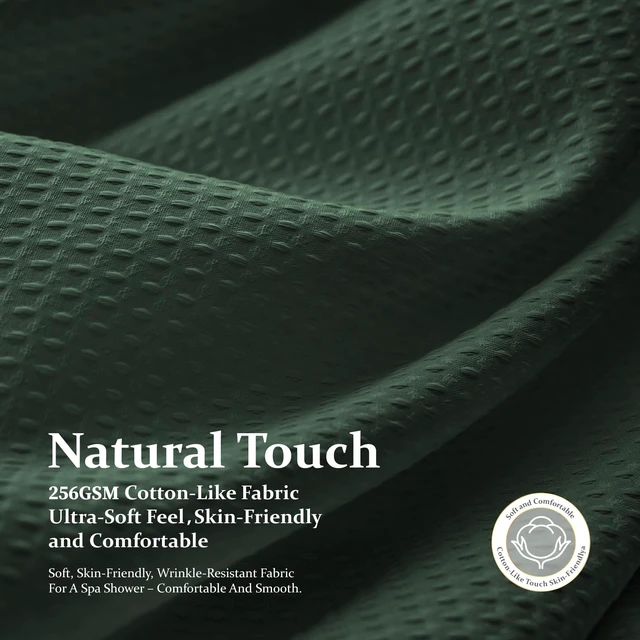 Alt view image 3 of 7 - Waffle Shower Curtain 256 GSM Heavy Duty Fabric 72"x72" Dark Green | Thick Textured Cloth, Weighted Hem, Water Repellent Washable, Hotel Luxury Polyester Shower Curtain Set for Bathroom 12 Hooks