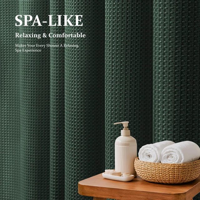 Alt view image 2 of 7 - Waffle Shower Curtain 256 GSM Heavy Duty Fabric 72"x72" Dark Green | Thick Textured Cloth, Weighted Hem, Water Repellent Washable, Hotel Luxury Polyester Shower Curtain Set for Bathroom 12 Hooks