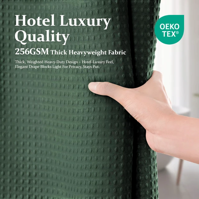 Alt view image 6 of 7 - Waffle Shower Curtain 256 GSM Heavy Duty Fabric 72"x72" Dark Green | Thick Textured Cloth, Weighted Hem, Water Repellent Washable, Hotel Luxury Polyester Shower Curtain Set for Bathroom 12 Hooks