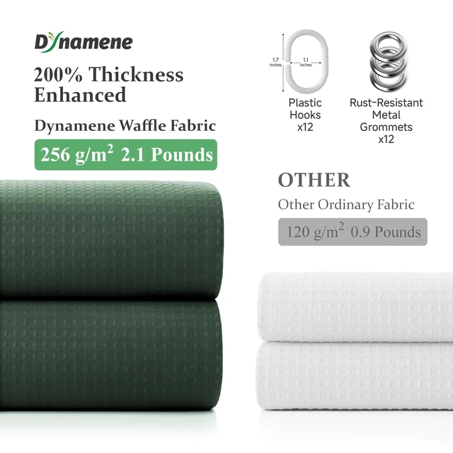 Alt view image 4 of 7 - Waffle Shower Curtain 256 GSM Heavy Duty Fabric 72"x72" Dark Green | Thick Textured Cloth, Weighted Hem, Water Repellent Washable, Hotel Luxury Polyester Shower Curtain Set for Bathroom 12 Hooks