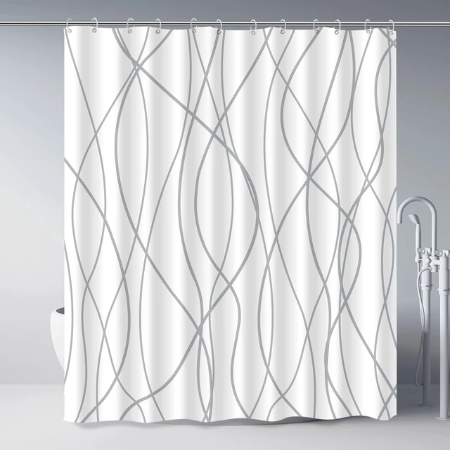 Main image of Striped Shower Curtain for Bathroom, Grey White, 72" W x 72" L | with Hooks, Modern Hotel Style, Water Repellent, Washable, Weighted Hem