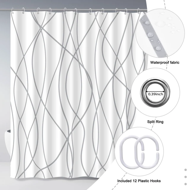 Alt view image 5 of 7 - Striped Shower Curtain for Bathroom, Grey White, 72" W x 72" L | with Hooks, Modern Hotel Style, Water Repellent, Washable, Weighted Hem