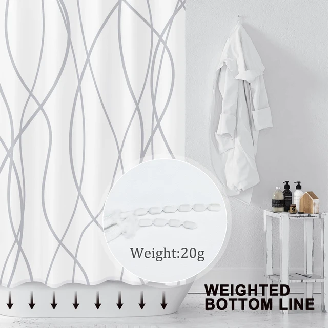 Alt view image 3 of 7 - Striped Shower Curtain for Bathroom, Grey White, 72" W x 72" L | with Hooks, Modern Hotel Style, Water Repellent, Washable, Weighted Hem